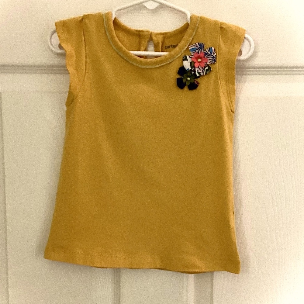 Gold Shirt with Floral / Navy Blue Ribbon Appliqués